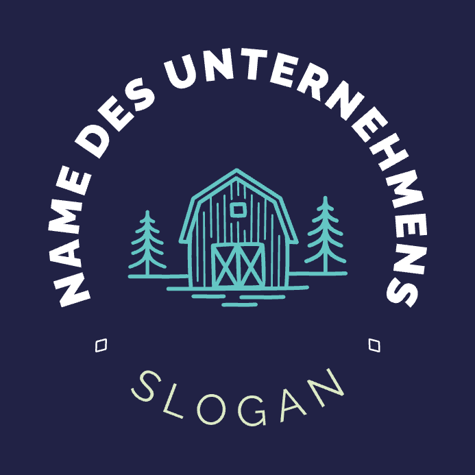Beispiel eines Logodesigns für die Landwirtschaftsbranche, das Icons von Scheune und Tannen auf kreisförmigem Textlayout in blau auf marineblauem Hintergrund zeigt.