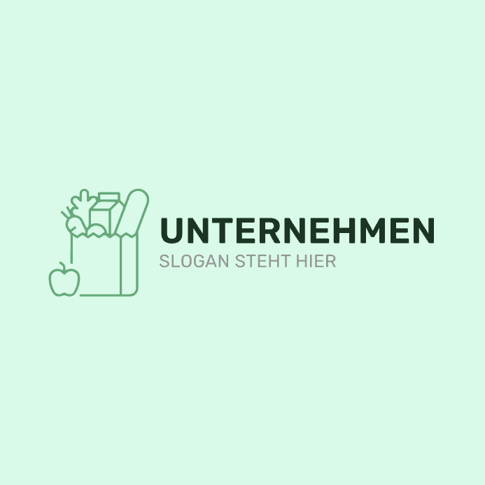 Beispiel einer Logodesigns für ein Einzelhandelsgeschäft, das eine gezeichnete, volle Einkaufstüte links vom Firmennamen zeigt; die Farben sind Mintgrün und Dunkelgrau.