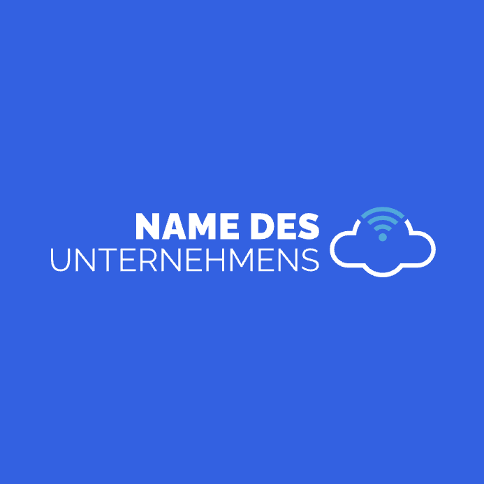 Beispiel eines Logodesigns für ein Start-up mit Wolken- und WLAN-Icons rechts vom Firmennamen; Design in intensivem Königsblau.