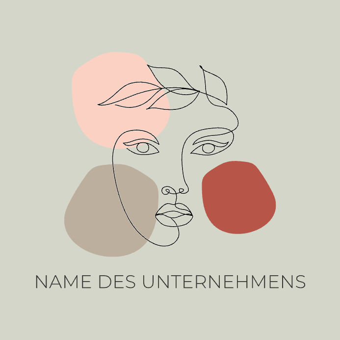 Beispiel eines Logodesigns für einen Schönheitssalon mit eleganter Lineart eines Gesichts; neutrale Farbpalette mit roten und rosafarbenen Akzenten.