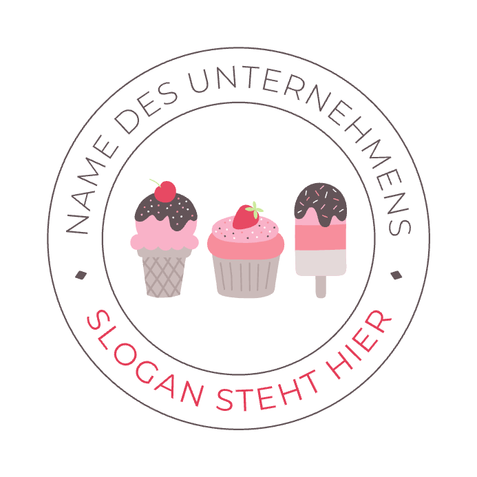 Beispiel eines Logodesigns für eine Bäckerei/Eisdiele mit Eis- und Cupcake-Grafiken in kreisrundem Textlayout zeigt; Farbpalette in Rosa/neutralen Farben.