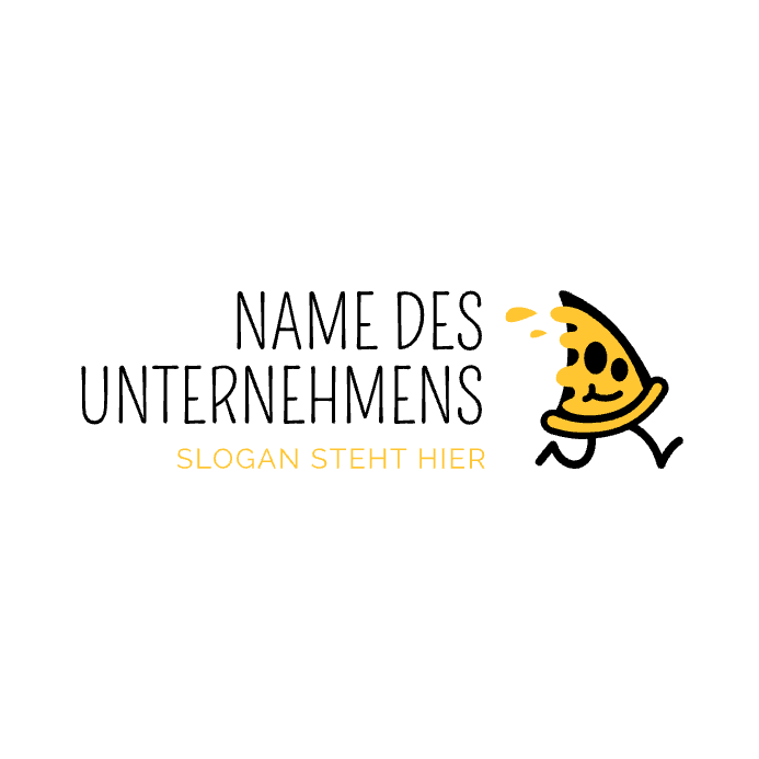 Beispiel eines Logodesigns für eine Pizzeria; rechts vom Firmennamen ist eine grinsende Pizzaecke zu sehen, die davonläuft; Design in Gelb und Schwarz.