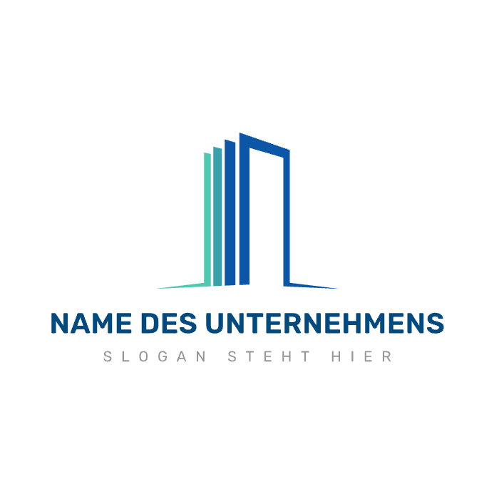 Beispiel eines Logodesigns für ein Bauunternehmen mit stilisiertem Hochhaus; Farbpalette in Blau und Grün.