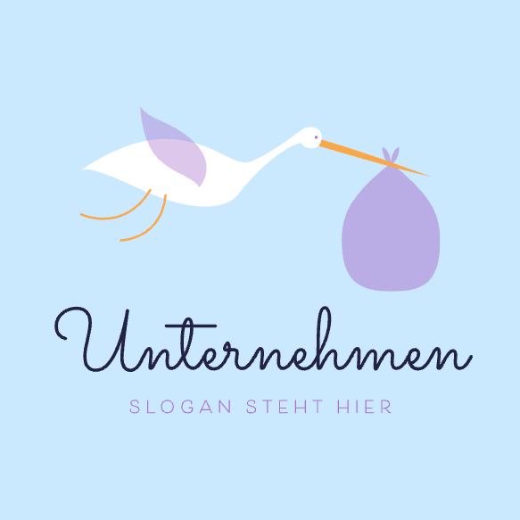 Beispiel eines Logodesigns für eine Babyboutique mit Storch-Icon und Transparenzeffekt; Farbpalette in Hellblau und Violett.