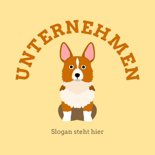 Beispiel eines Logodesigns für einen Haustiersalon mit der Zeichnung eines Hundes, der unterhalb des bogenförmig verlaufenden Firmennamens sitzt; Farbpalette in Braun und Gelb.