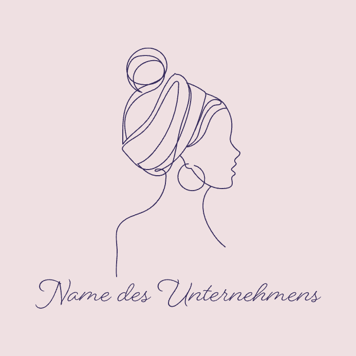 Beispiel eines Logodesigns für einen Friseursalon mit Lineart-Seitenprofil einer Frau; Violett auf pudrig-rosafarbenem Hintergrund.