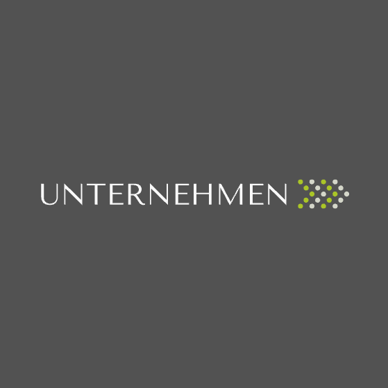 Beispiel eines Logodesigns für ein IT-Unternehmen mit gepunkteten Pfeilen rechts vom Firmennamen; neongrüne und hellgraue Elemente auf dunkelgrauem Hintergrund.