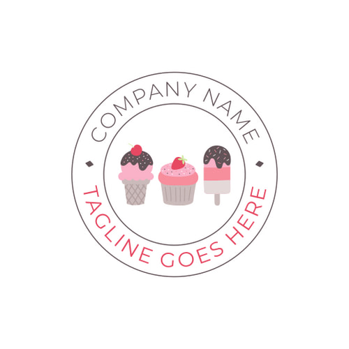 An example of a logo template for a bakery and ice cream shop, featuring ice cream and cupcake icons in a circular layout with a pink color palette.