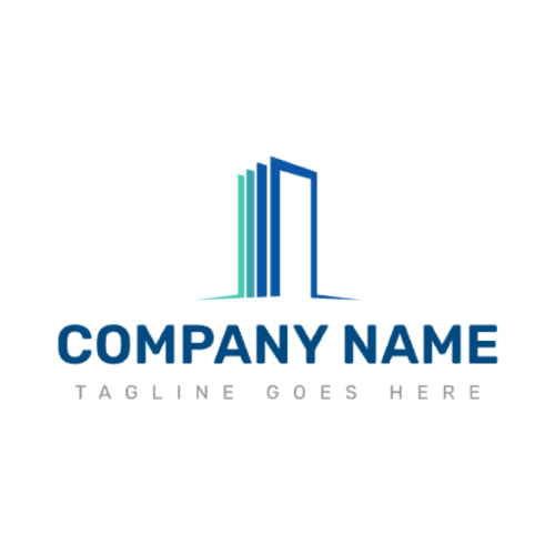 An example of a logo template for a construction company, featuring an abstract buildings icon in a stacked layout with a blue and green color palette.