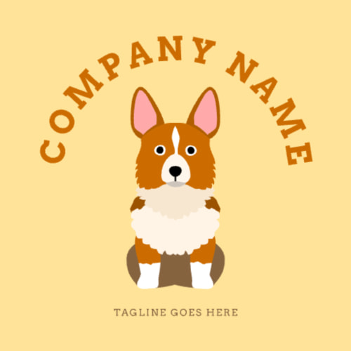 An example of a logo template for a pet grooming shop, featuring a dog icon underneath the company name text arch with a brown and yellow colour palette.