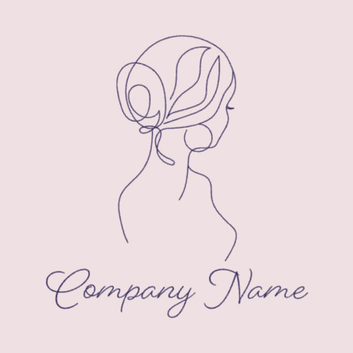 An example of a logo template for a hair salon, featuring a side profile of a female figure in line art, presented in a stacked layout with a purple colour palette on a nude pink background.