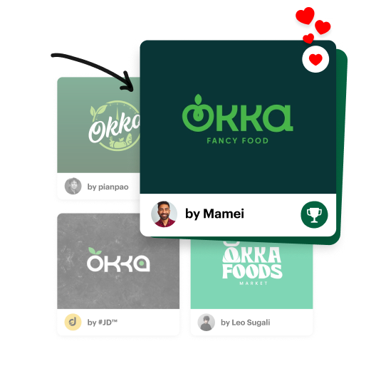 An image showcasing multiple concept submissions for the Okka logo design contest. It features the fully custom winning design created by Mamei.