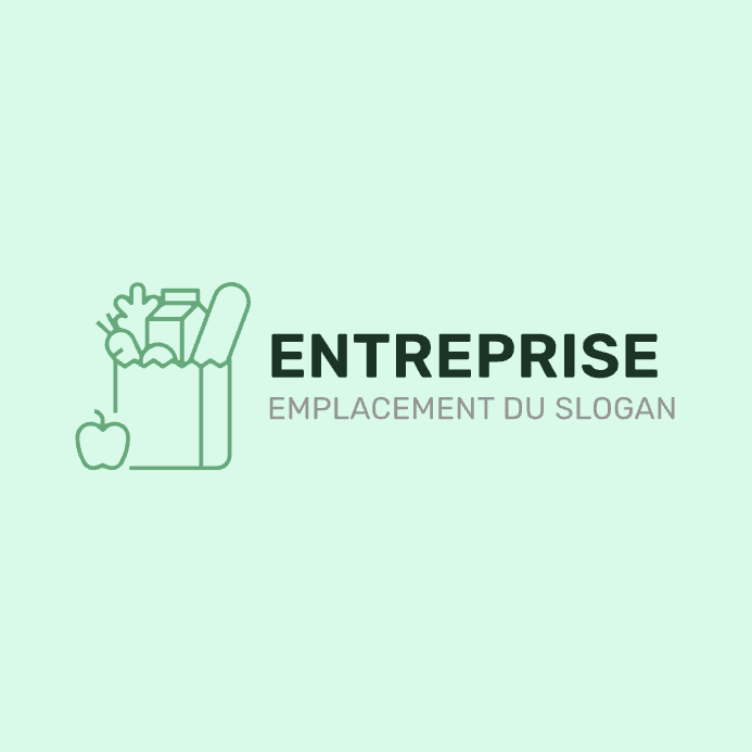 Exemple d’un modèle de logo pour un magasin de vente au détail, comportant un sac de courses placé à gauche du nom de l'entreprise, dans une palette de couleurs vert menthe et anthracite.