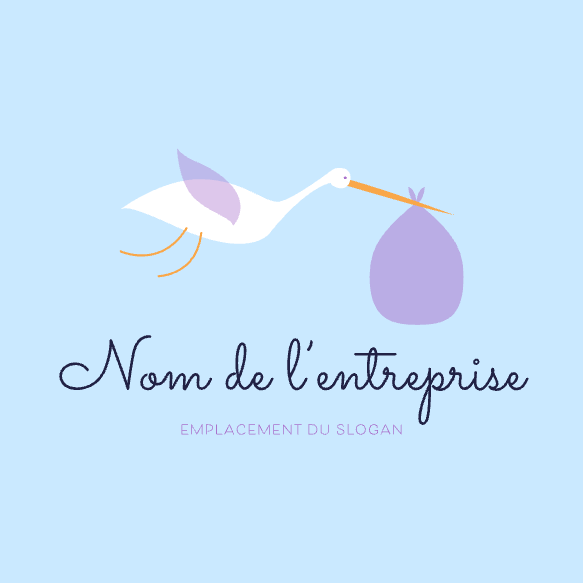 Exemple d’un modèle de logo pour une boutique spécialisée dans les bébés, comportant une cigogne superposée, dans une palette de couleurs bleue et violette.