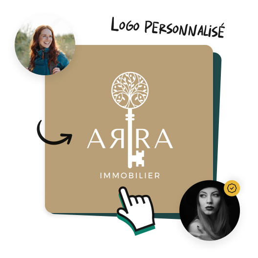 Un visuel illustrant un logo personnalisé pour ARRA, une agence immobilière, avec des photos de profil représentant une conversation entre la dirigeante d’une petite entreprise et la créatrice du logo, modus ponens.